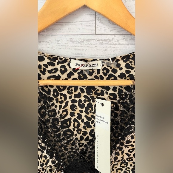 Paparazzi Women's XL Leopard Lace V-Neckline Satin Cami Blouse Black - Picture 5 of 10